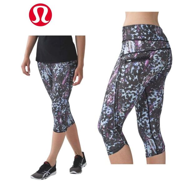 Lululemon Run Top Speed Mid-Rise Crop 17' Leggings | Floral Blue/Black | Sz 4 - Picture 1 of 14